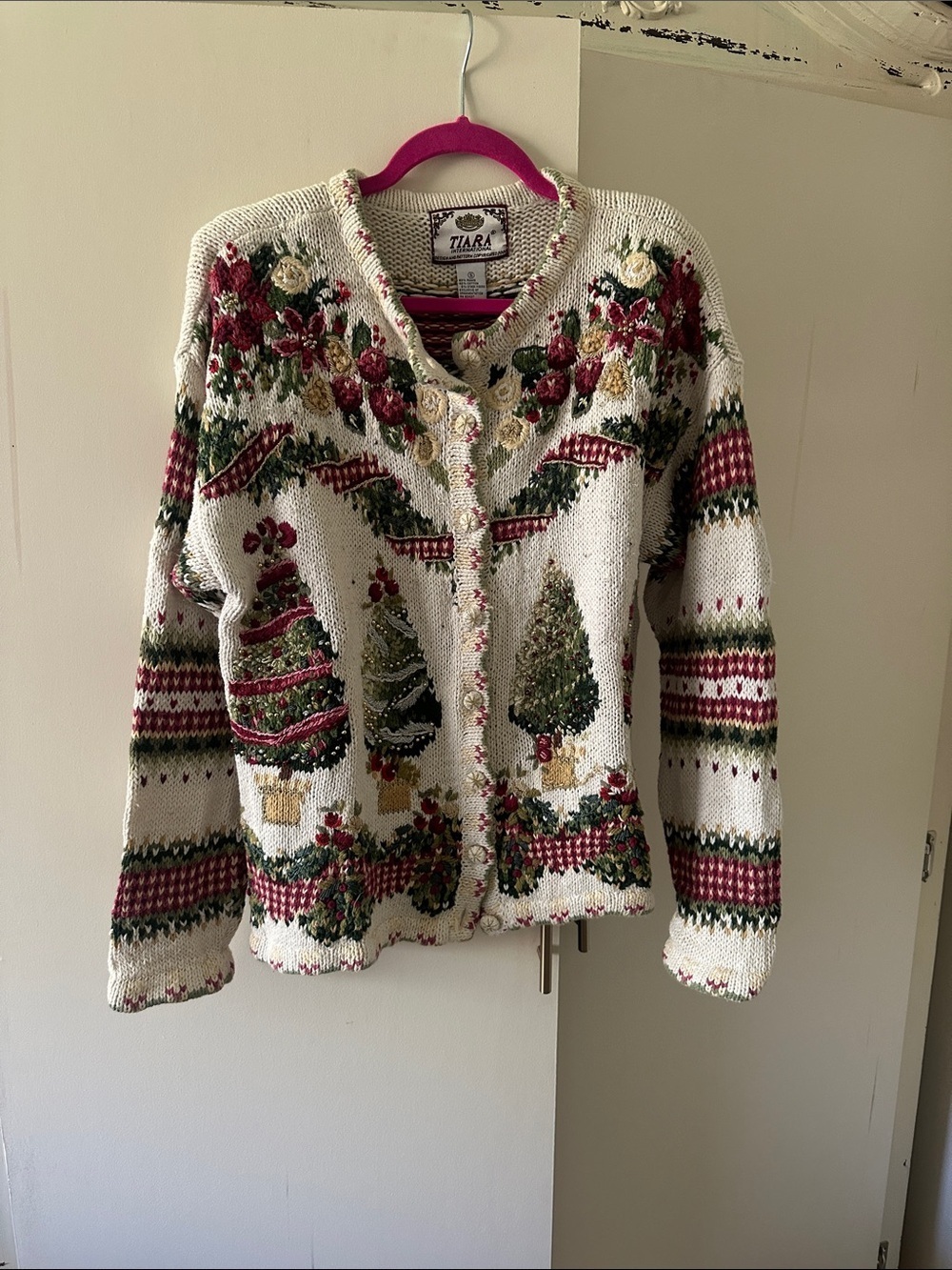 Tiara Cream Holiday Cardigan with Green & Red Tree Motifs